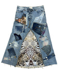 “Falda Telmare hecha a mano con denim reciclado, parches, animal print y encaje, diseño tipo corset.”